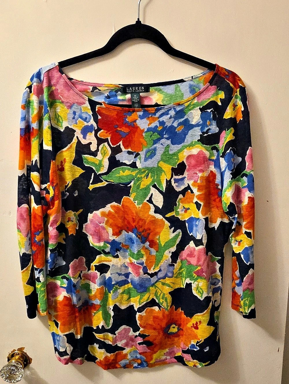 Lauren Ralph Lauren Floral Linen Top in Black & Multicolor Medium